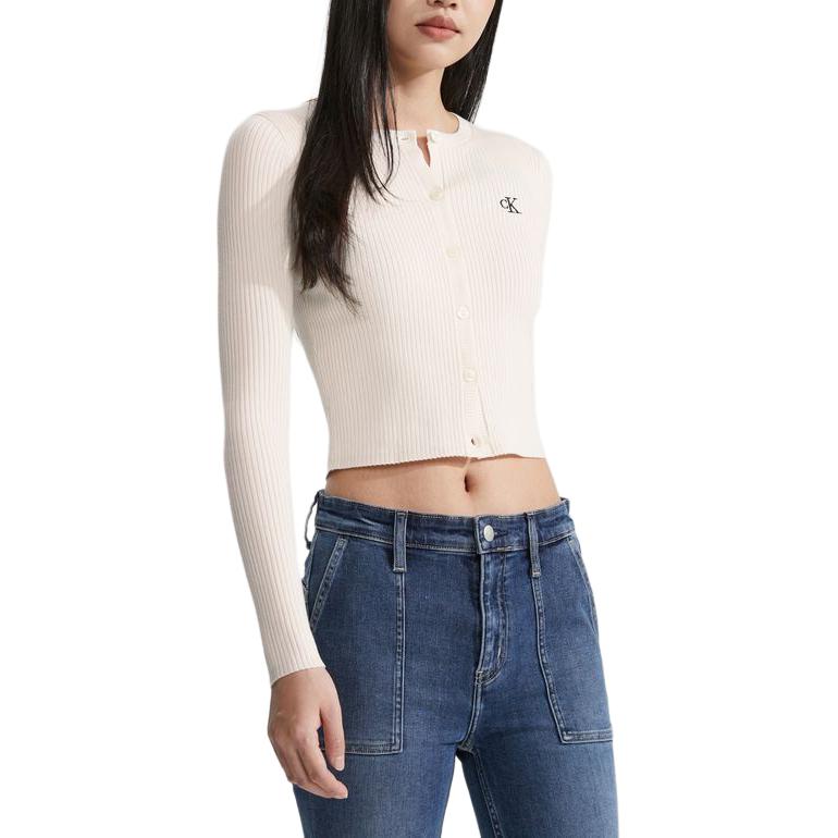 Calvin Klein Solid Color Letter Embroidered Round Neck Single-Breasted Cardigan Long Sleeve Knit Sweater Women Sweater Milk-White J223846-YBI