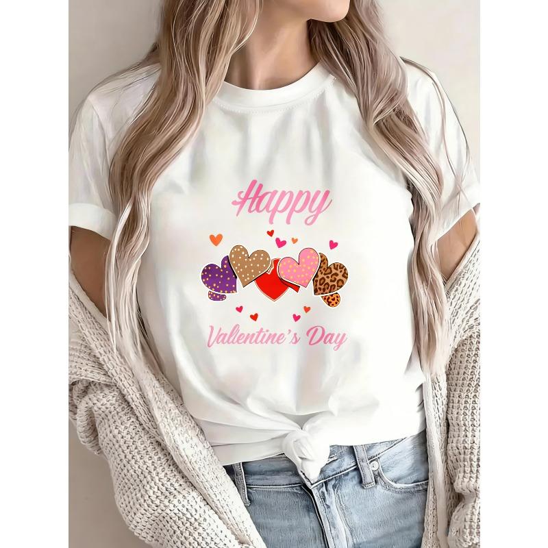 Damen Weißes T-Shirt Happy Valentine's Day Herzmuster Und Text Für Valentinstag