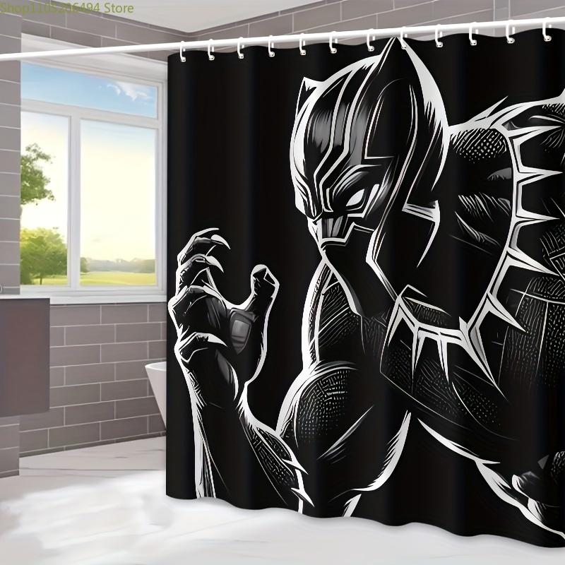 1pc Marvel Black Panther Waterproof Polyester Shower Curtain with Hooks, Machine Washable, Cartoon Pattern, Arts Theme, All-Se