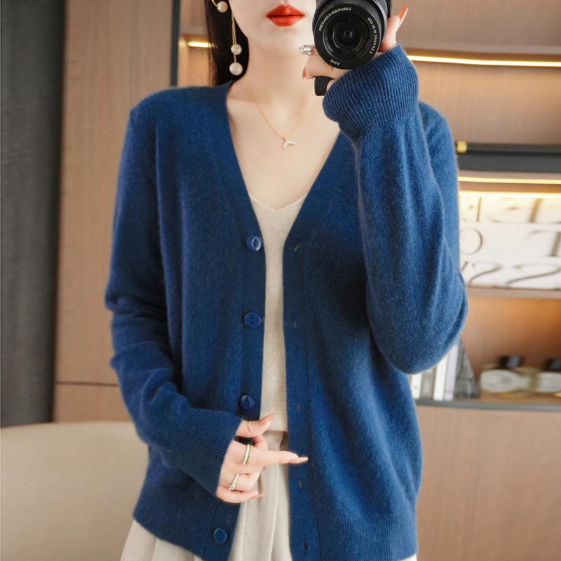 

Осенний свитер с V-образным вырезом, кардиган, свободный свитер, вязаный кардиган, женский однотонный короткий параграф, верхняя одежда XXL синий