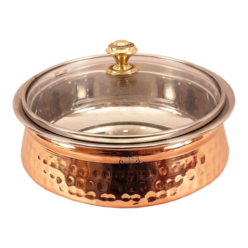 Steel Copper Hammered, Polished Serving Handi with Glass Lid 750 ML - Serving Dishes Chicken Briyani Vegetables Home Hotel Restaurant Tableware