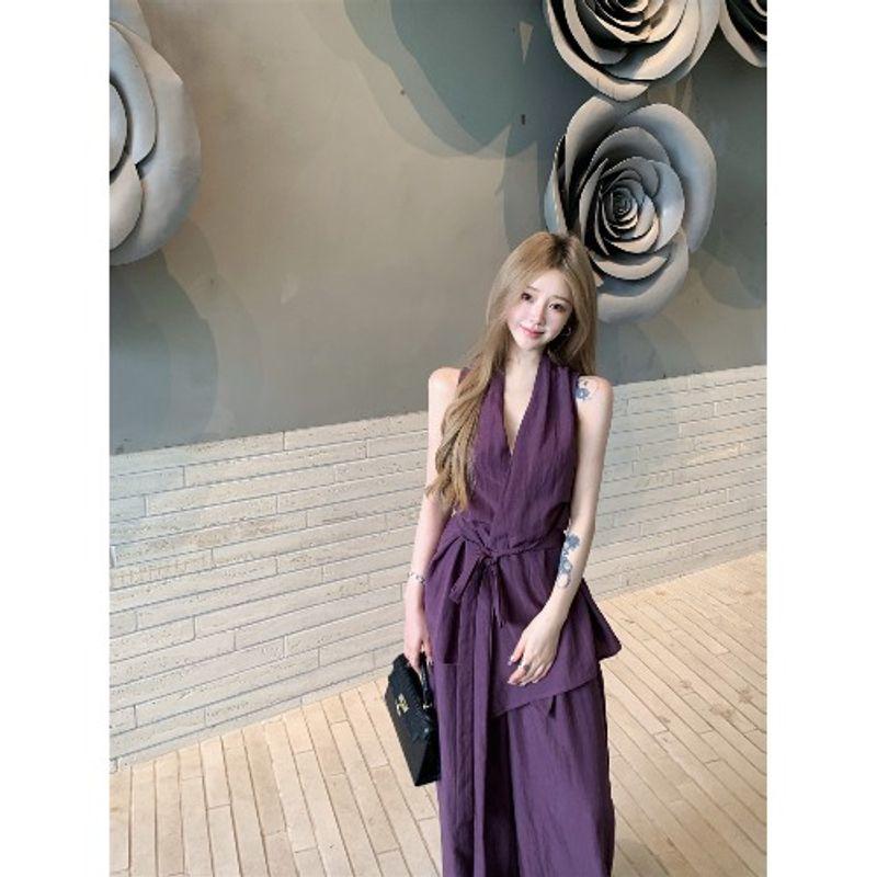Kumikumi Pure Desire Style Set Purple Temperament Cross Strap Vest Women Summer Loose Casual Pants Two-piece Set