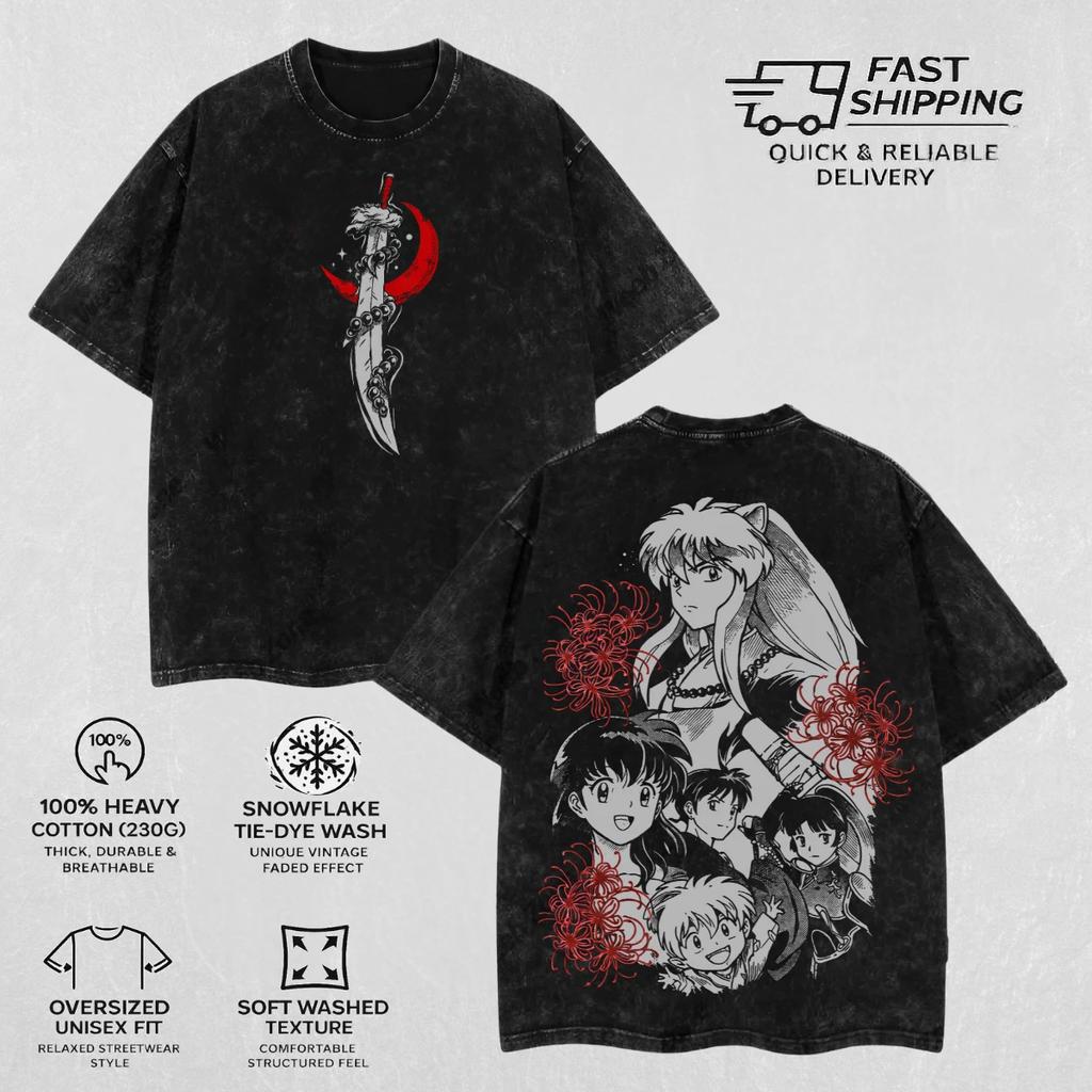 T-shirt Inuyasha Lavaggio Acido Retrò Anime Oversize Grafica Uomo Manga