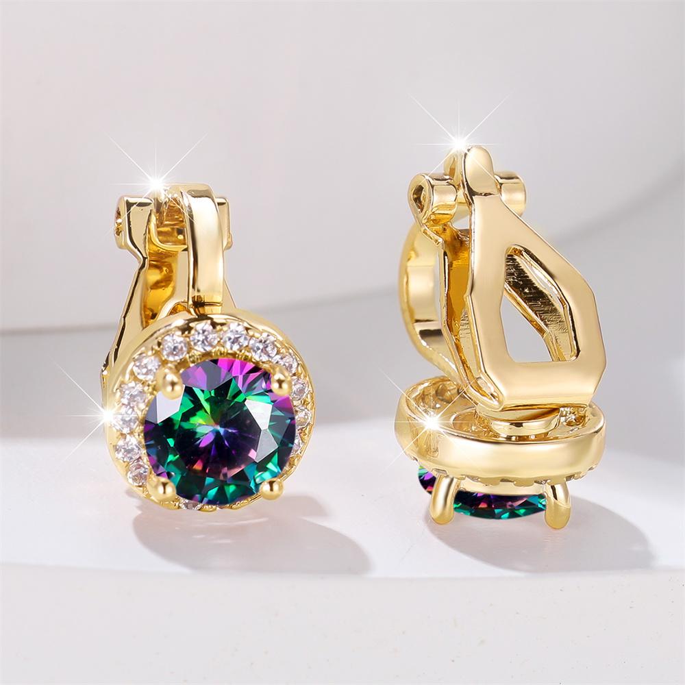 Mystic Rainbow Crystal Round Stone Clip Earrings For Women Rose Gold Silver Multicolor Zircon Jewelry Simple Fashion Gifts