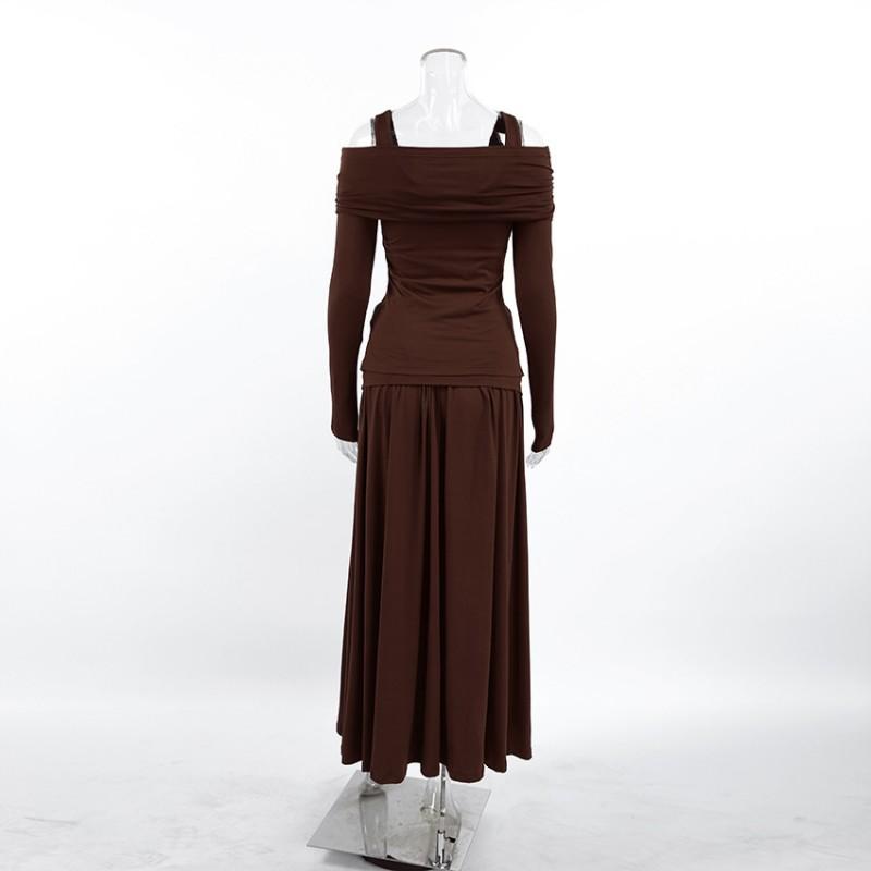 Womens 2-Piece Set Long Sleeve Sweet Top Pleated Midi Skirt Elegant Commute Outfit