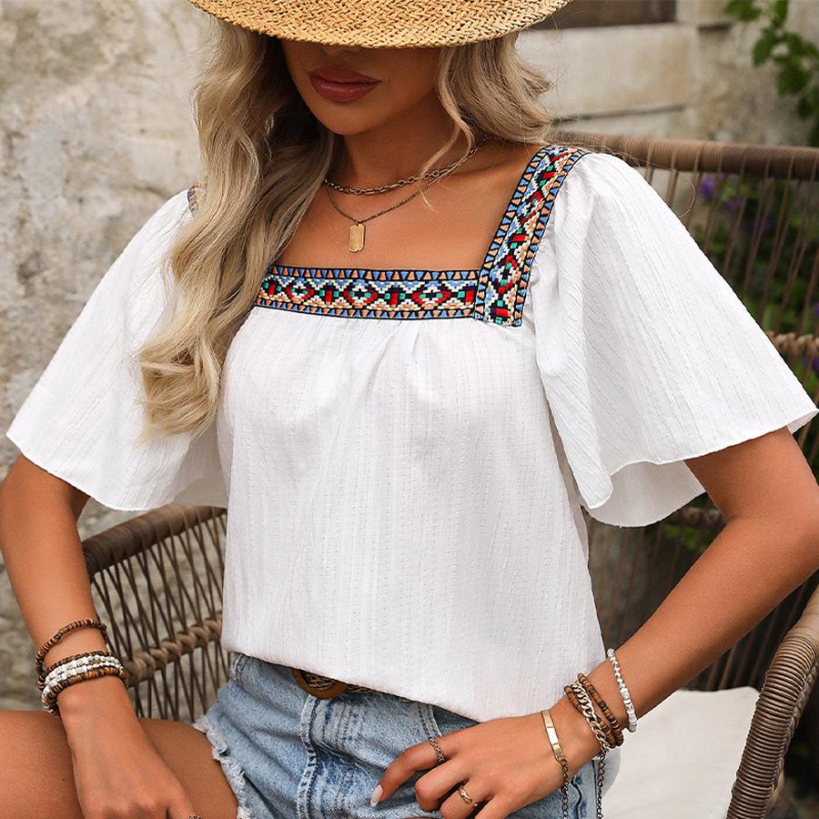 Oversized Floral Embroidery Stand Collar Shirt Set Camisole Short Sleeve Backless Top for Women
