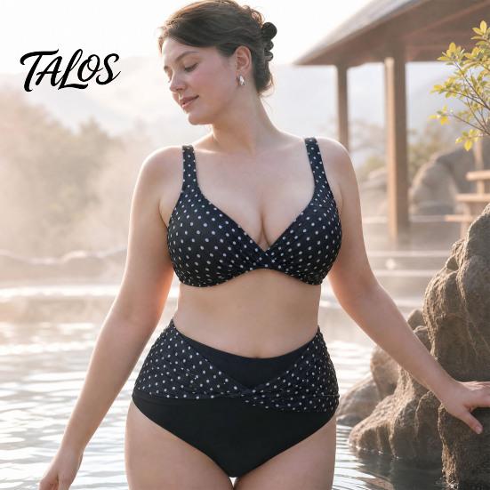 Vintage Style Swimsuit 2Pcs/Set Plus Size Bikini Set, Cross-Chest V-Neck Bra with Built-In Support, Photogenic Beach Outfit High-Waisted Twist