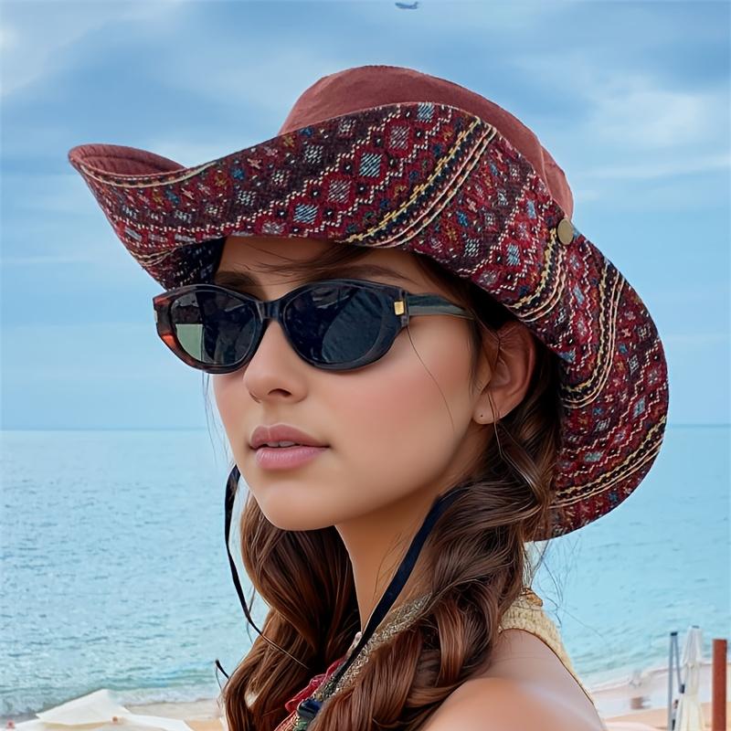 2-Way Adjustable Women's Bohemian Embroidered Sun Hat - Wide Brim Windproof Fisherman Hat with Vibrant Geometric Patterns, All-Season Outdoor Travel