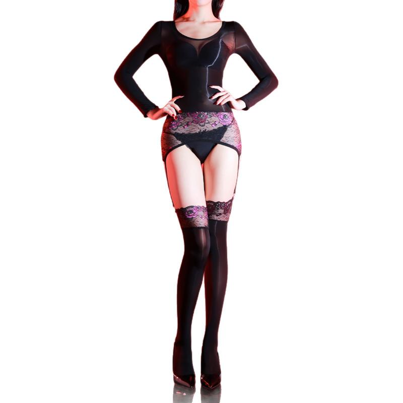 Women Bodysuit Garter Belt Stockings Open Crotch Tights 5d Oil Shiny Glossy Silky Smooth Lace Floral Sockings Full Body Jumpsuit