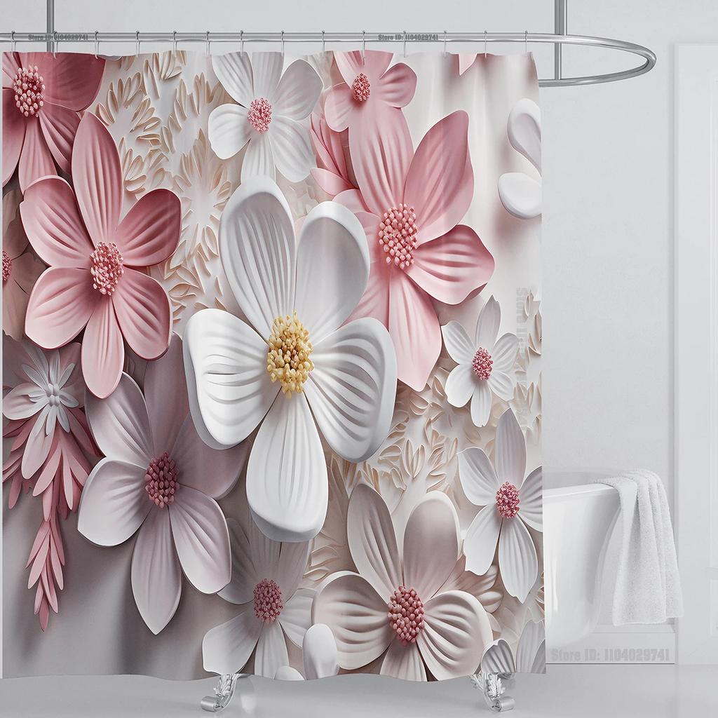 3D Floral Shower Curtain Set Orange Flower Design Fabric Bathroom Decor Waterproof Washable Shower Curtain Set With Hooks