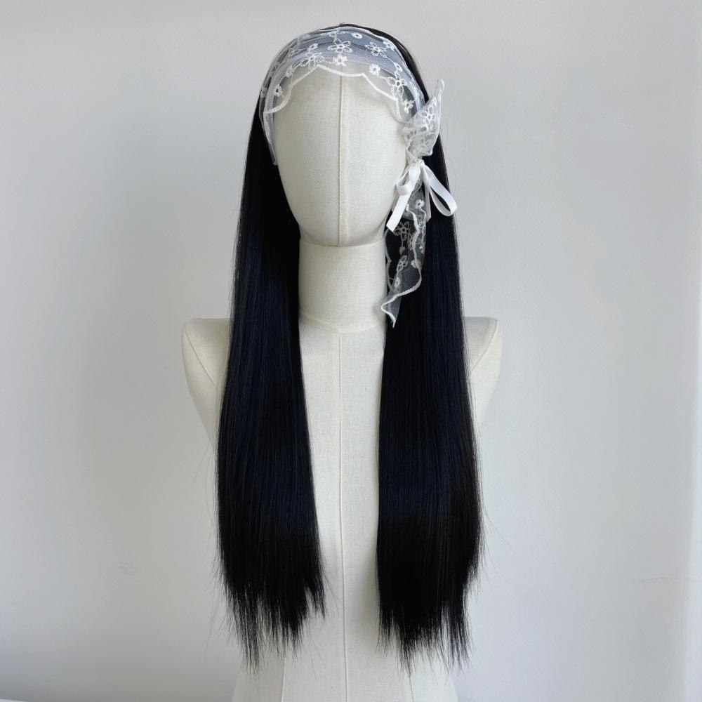Douyin Lace Bow Headband Long Straight Wig for Girls - Black Full Cover Hairstyle