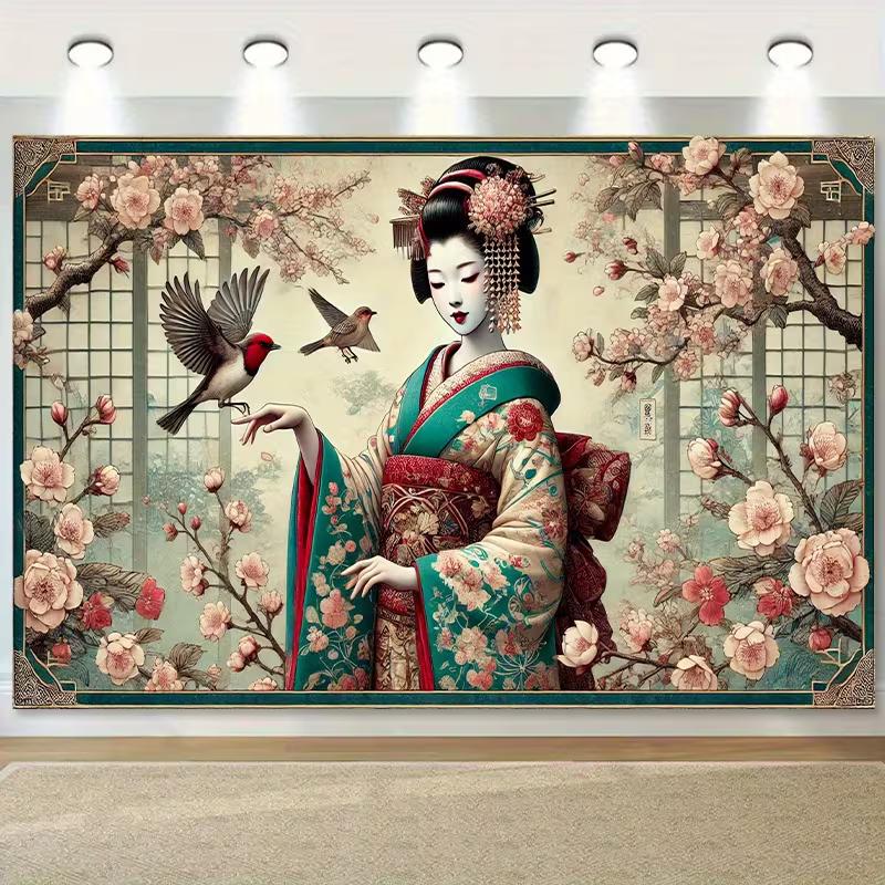 

2D Japanese Geisha Cherry Blossom Backdrop Party Background Banner 47.2x31.5inch/120*80cm