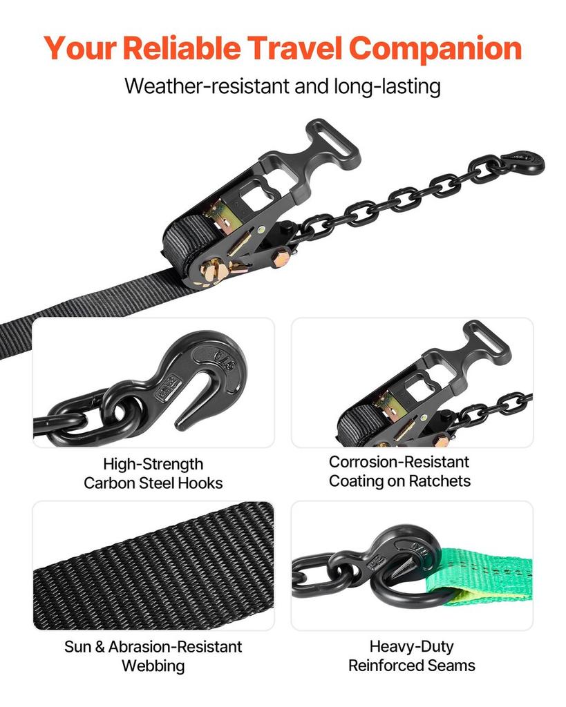 Wheel Chock Tie-Down Kit, Tire-Style Tow Dolly Strap, Car Tie Down Kit with Heavy-Duty Hook, Break Strength 4540 kg & Working Load 1512 kg Motorcycle