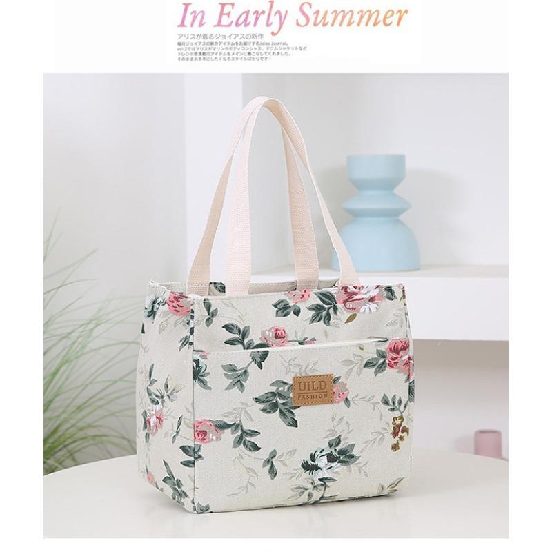 New Fashionable Women's Hand-held Printed Canvas Bag Thickened Large-capacity Aluminum Foil Bento Thermal Insulation Tote Bag