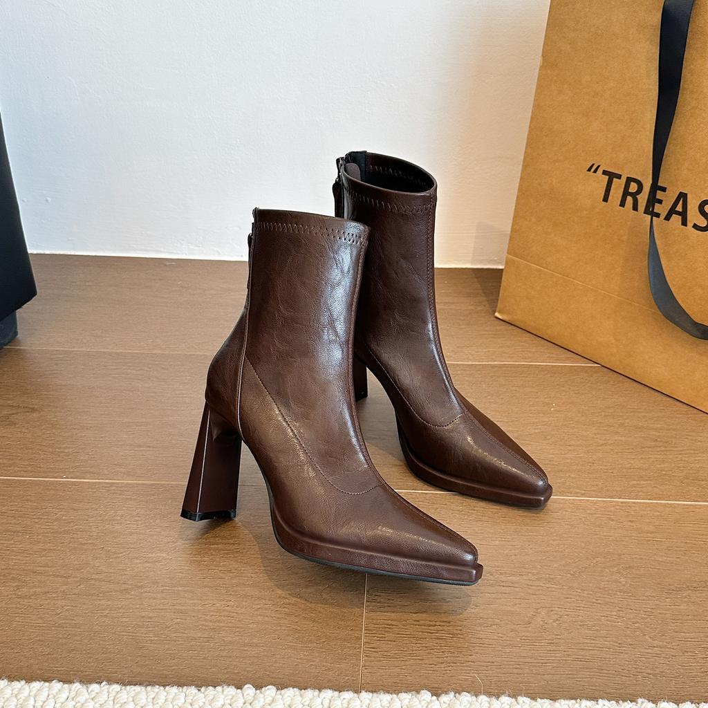 Autumn and winter pointed soft leather thin boots high heel thin short boots women's side zipper black temperament boots