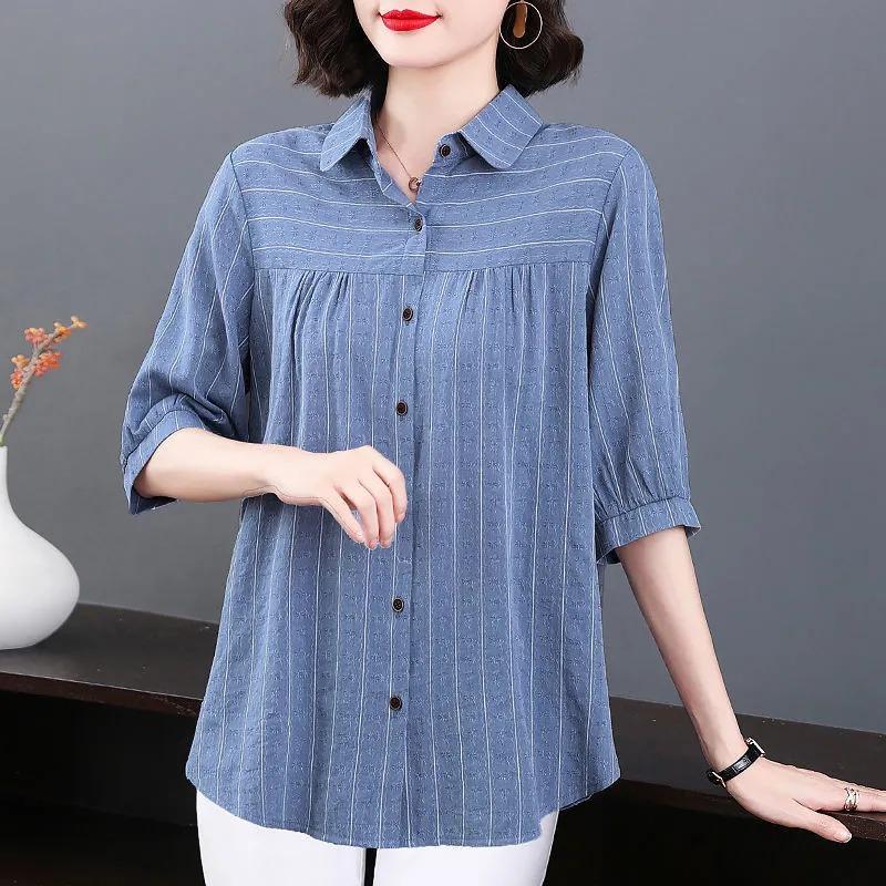 New Vertical Striped Five-quarter Sleeve Shirt Women's Loose Short-sleeved Shirt Summer Middle-aged Women's Top