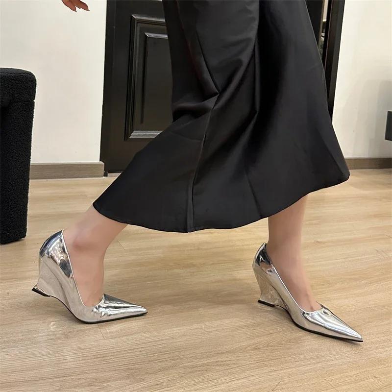 Pesstwei Spring Sexy High Heel Pointed-Toe Wedge Heel Women's Leather Shoes Silver Red Wedding and Banquet Shoes Size 40