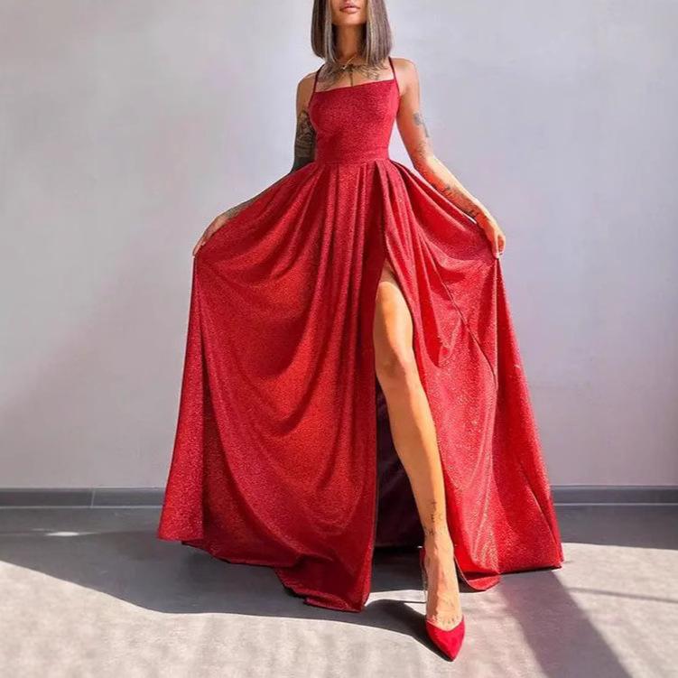 European and American New Women's Suspender Backless Sexy Flash Deep V Party Banquet Evening Dress Dress