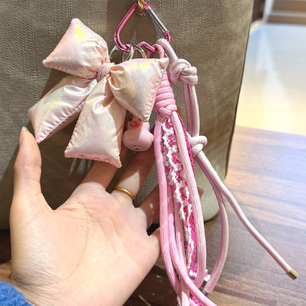 Pink Holographic Bow Keychain with Braided Rope Lace Material Duck Pendant Sweet Cute Style Bag-Key Decoration Accessory