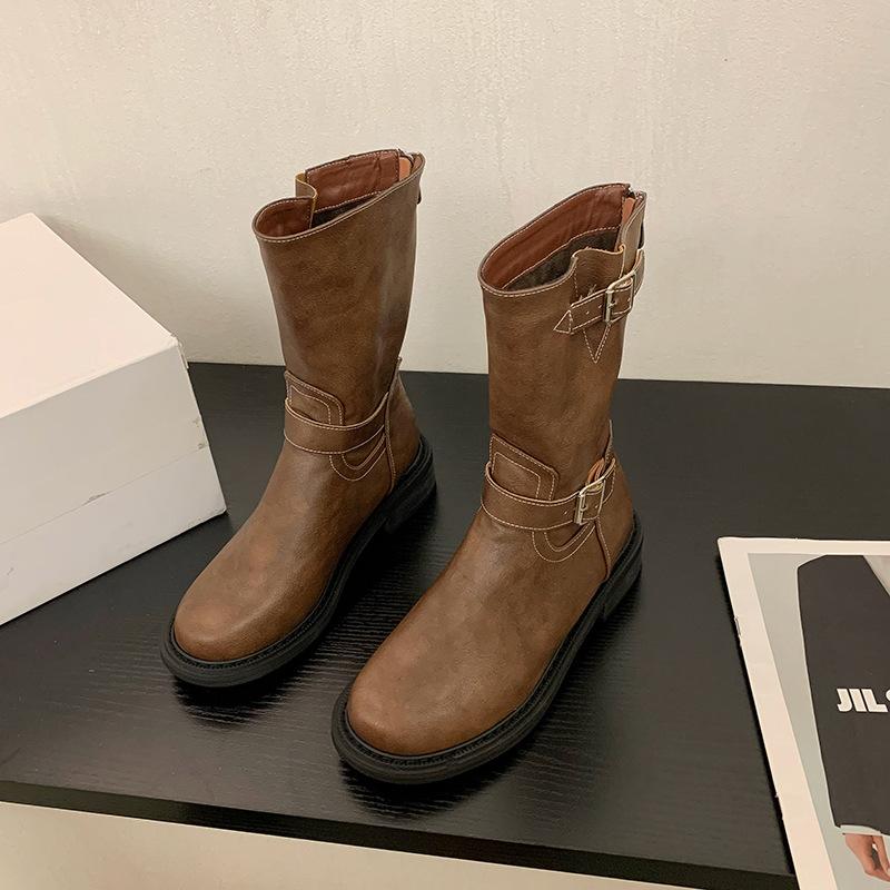 

Новые кожаные ковбойские сапоги в стиле вестерн для женщин, дизайнерские туфли на платформе с мягкой подошвой, модные женские ботильоны на осень-зиму 35