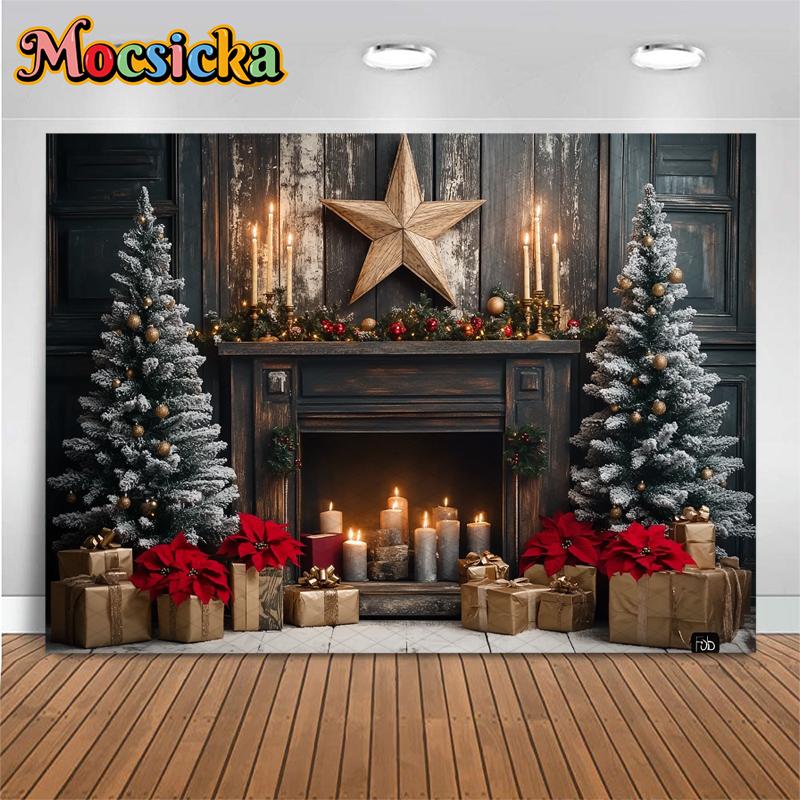Mocsicka Christmas Tree Photography Background Gift Fireplace Home Wood Wall Decoration Baby Photo Backdrop Shooting Prop Studio