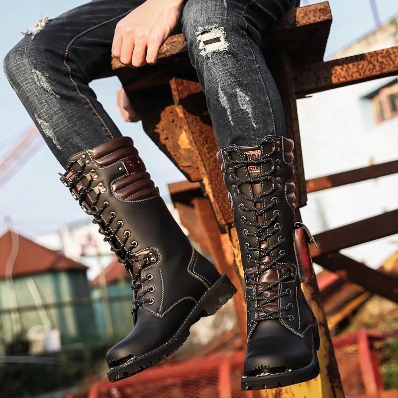 Fashion Men Knee High Leather Boots Winter Male Motorcycle Boots Gothic Punk Shoes Mens Outdoor Military Casual Tooling Boots Man