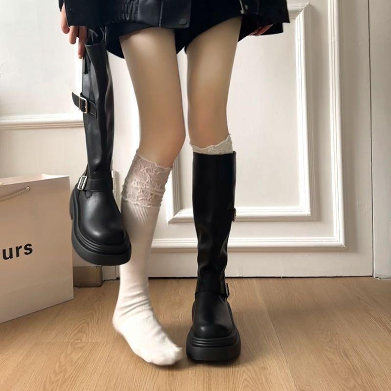 Platform Boots Women's Knee Boots 2025 New Spring and Autumn Retro Belt Buckle Small Tall Knight Boots