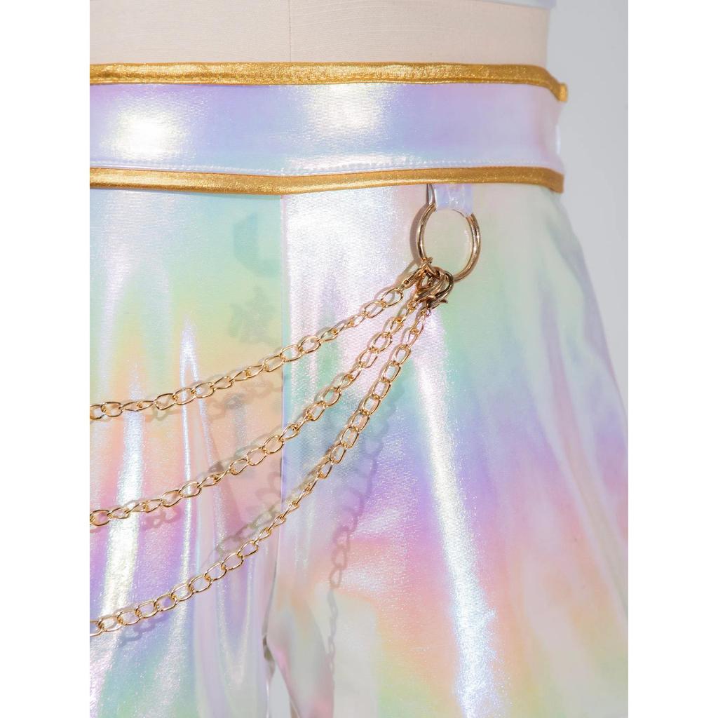 תלבושת משחק תפקידים של ציידת האנטר לבנות, תחפושות למסיבת קוספליי לליל כל הקדושים, גופיית טנק ללא שרוולים מבריקה מטאלית, חגורה, שרשרת מותן, מכנסיים קצרים