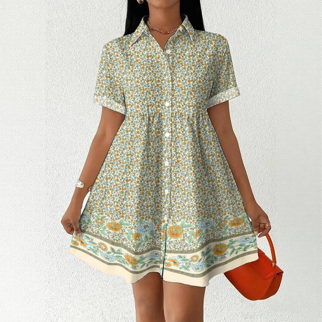 Women's Casual Loose Fit Shirt Dress Button Down Collar Short Sleeve Floral Print Summer Dress