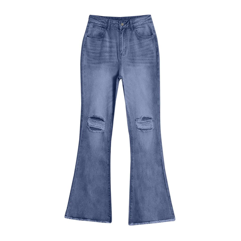 Ladies' Pocket Denim Wide Leg Pants With Holes And Slightly Flared Jeans