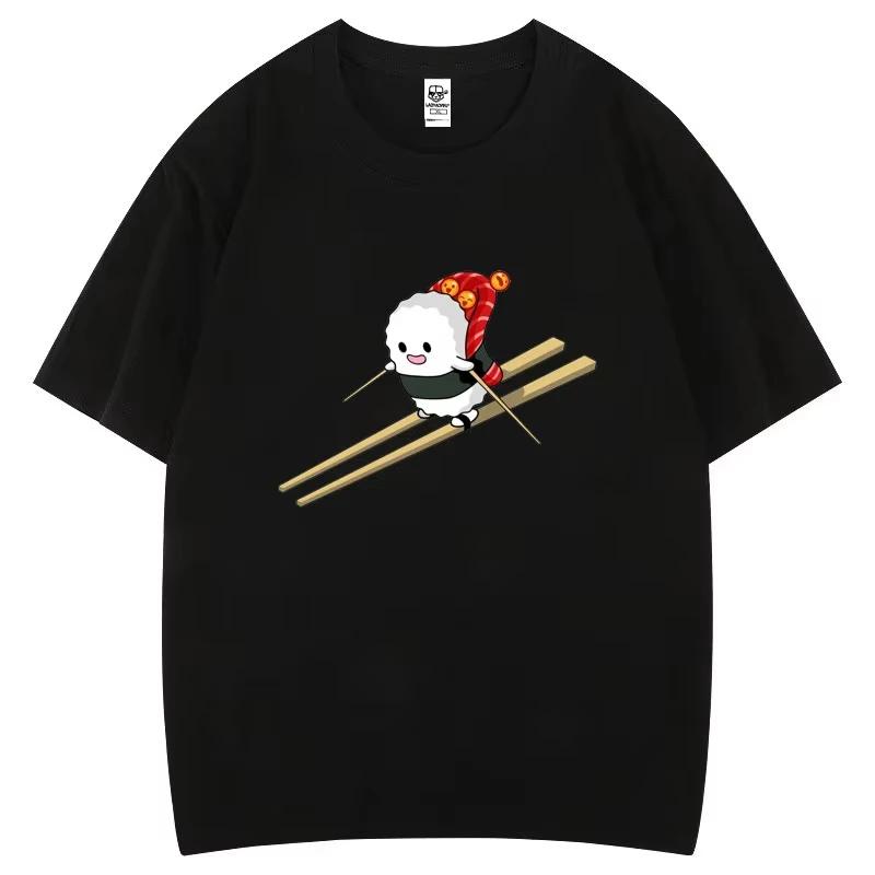 Funny Sushi Ski Cartoon Graphic T-shirt Creative Popular Fashion Aesthetics Print  Tops Gothic Hipster Casual Streetwear