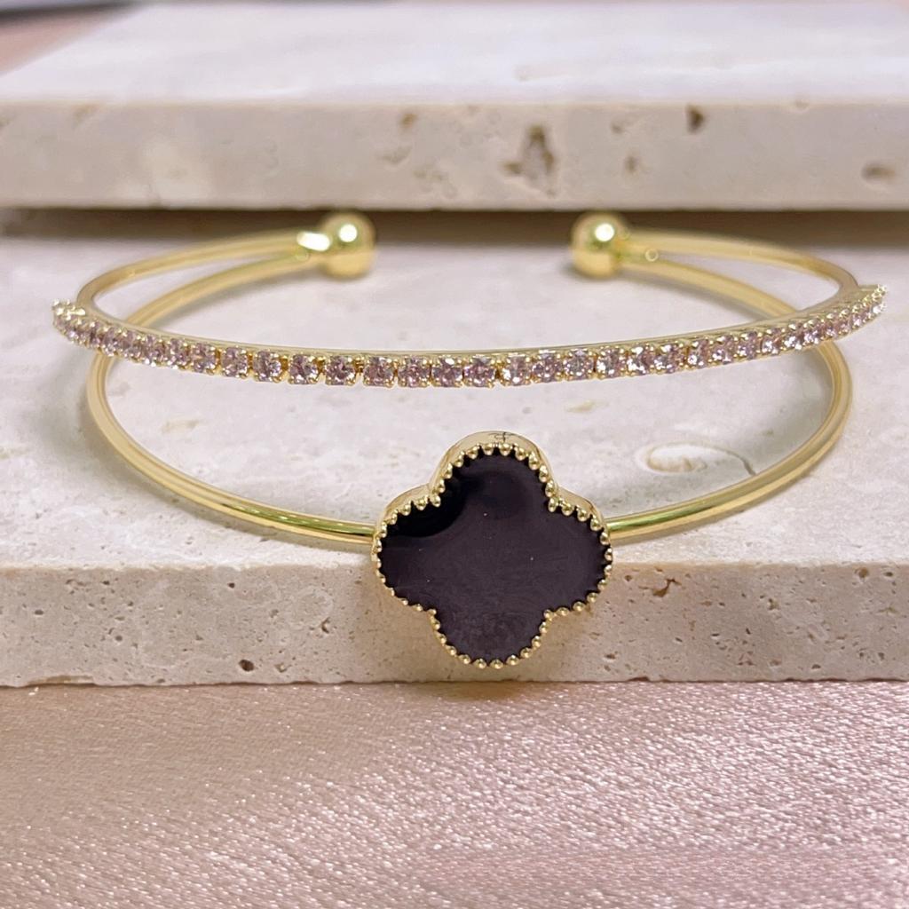 Brățară Premium Trifoi cu Patru Foi Zirconiu Strat Dublu Brățară cu Deschidere Ajustabilă Lux Non-Alergenic Brățară de Damă