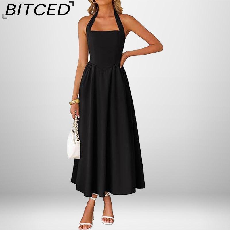 BITCED Summer Women's Fashionable Elegant Wide-Strap Halter Neck Backless Dress