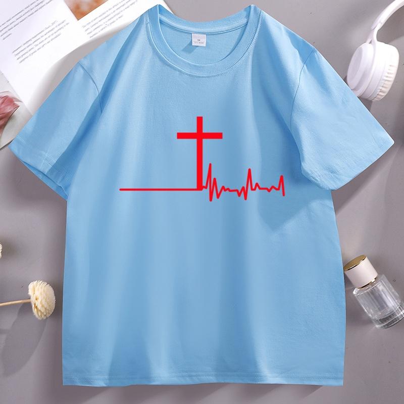 Women Graphic T-Shirt Christian Cross Heartbeat Tshirt Religious Faith Short Sleeve Soft Breathable T Shirt Unisex Clothes Tops