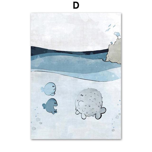 Blue Whale Turtle Octopus Wall Art Oil Painting Cartoon Nordic Canvas and Print Wall Picture Girl Boy Children Room Decoration No Frame