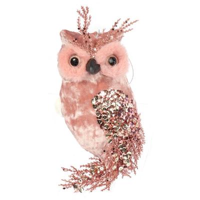 Elegant Velvet Christmas Owl Pendant with Sequins 25 Cm - Pink