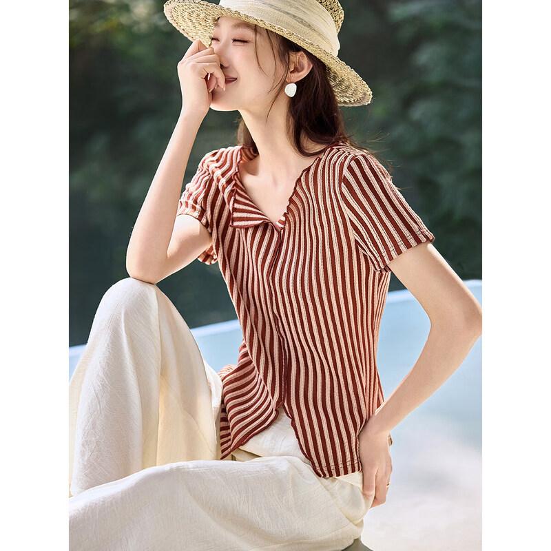 Women s V-Neck Striped Short Sleeve T-Shirt S