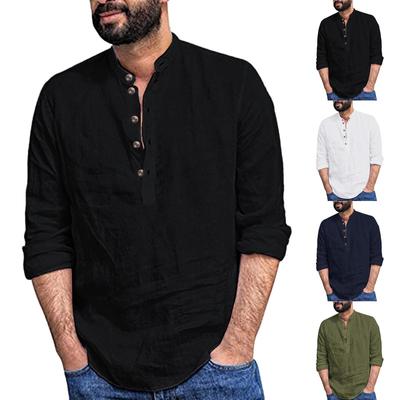 Casual Men's Fashion Loose Fitting Shirt Men's Trendy Stand Up Collar Cotton and Linen 5-point Mid Sleeve Color Shirt
