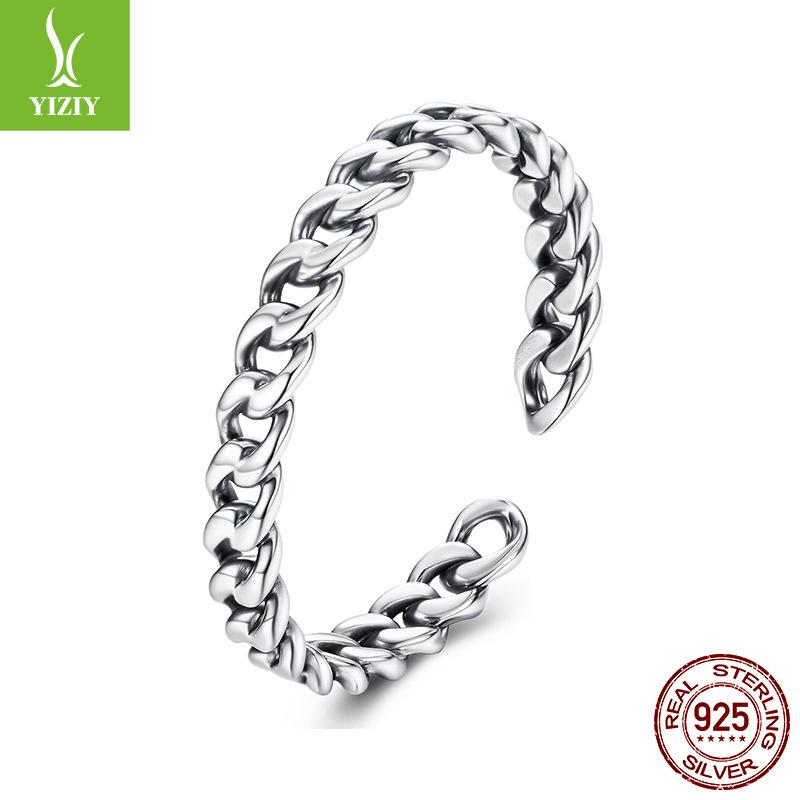 S925 Sterling Silver Cuban Chain Open Ring, Personalized Vintage Chain Adjustable Ring Jewelry