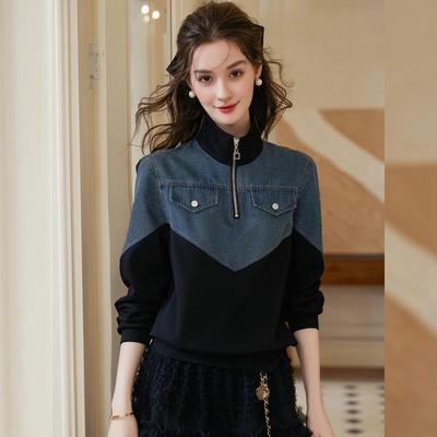 Felpa Patchwork di Jeans da Donna con Collo Alto