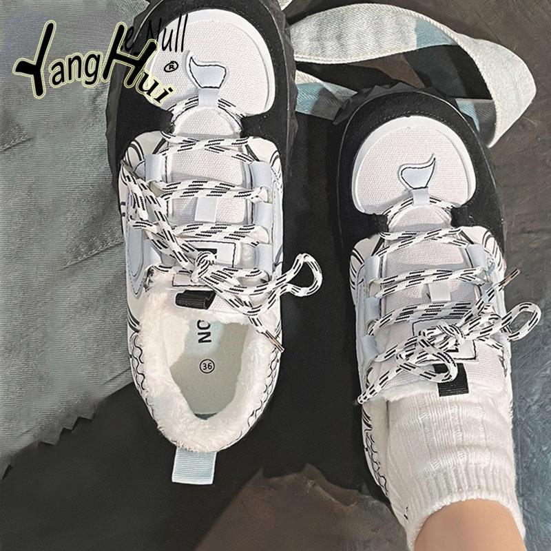 Women's Vulcanize Shoes Color Matching Lace Plus Velvet Thicken Keep Warm Retro Platform Leisure Sneakers 2024 New Winter