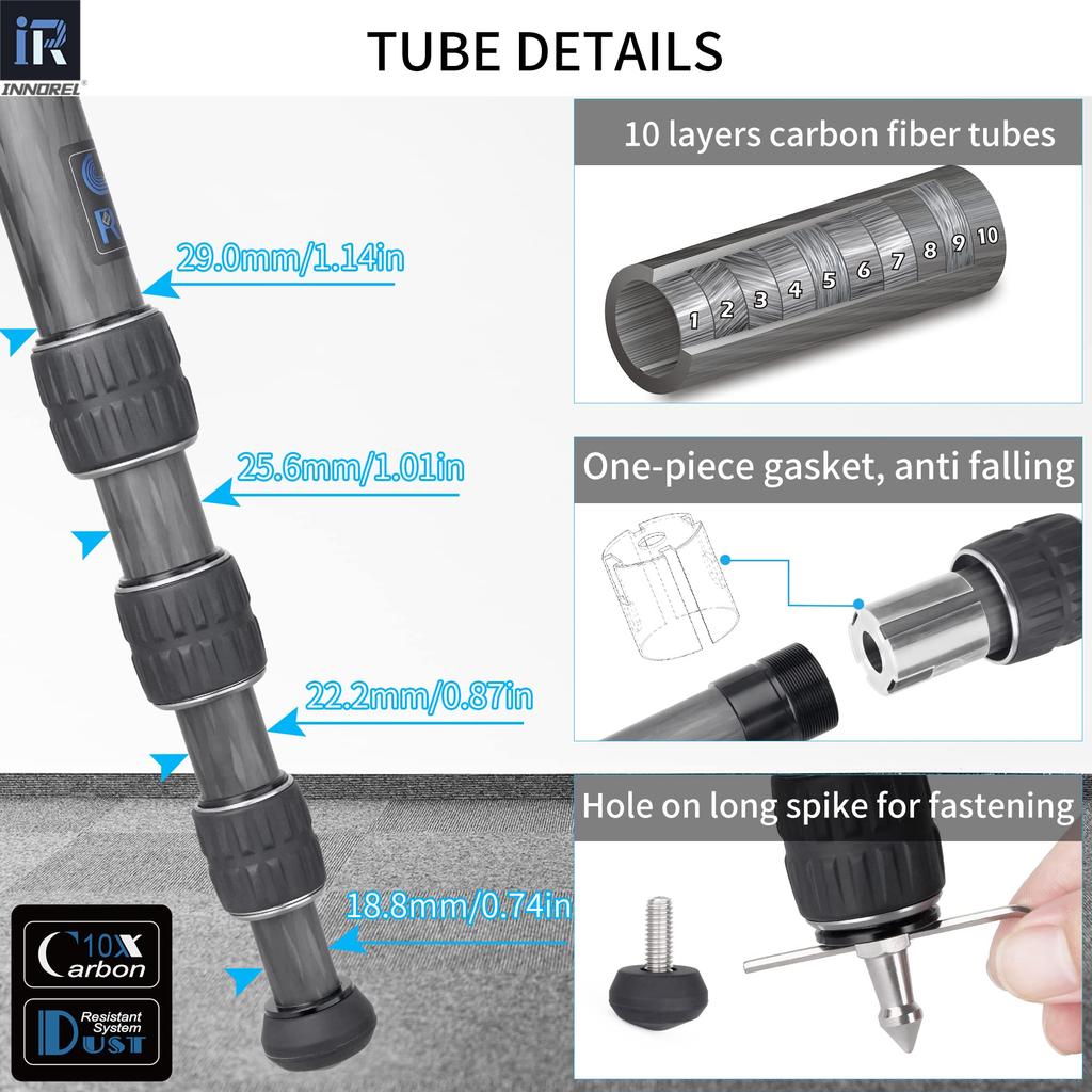 Tripod Camera INNOREL Carbon Tripod Compact SLR Tripod with Ball Head 20KG Maximum Load Capacity Telescopic Working Height Pipe Diameter Panoramic