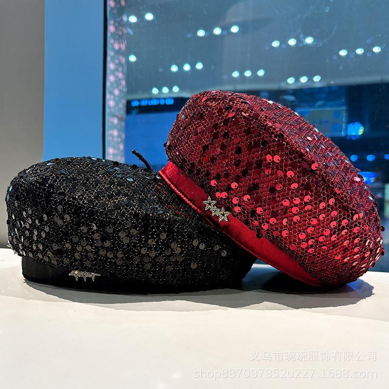 New Sequined Beret Children Spring and Autumn Versatile Show Face Small Painter Hat Show Face Small Big Head Circumference Newsboy Hat
