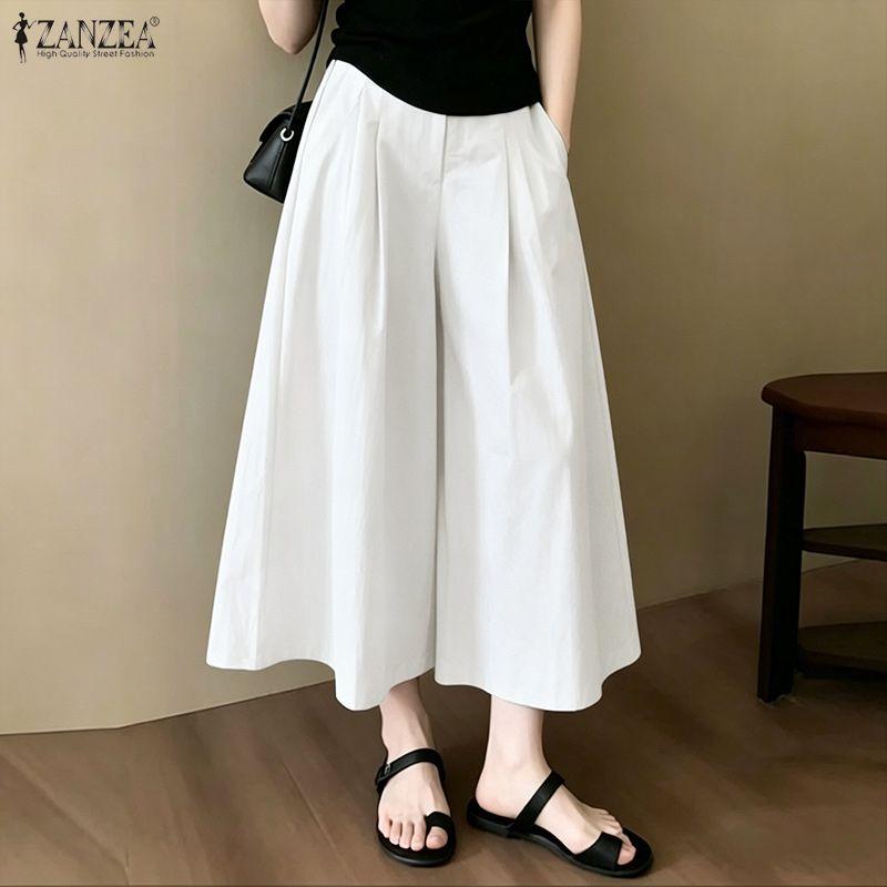 ZANZEA Pantaloni Culotte Larghi Casual da Donna a Vita Elasticizzata Monocolore