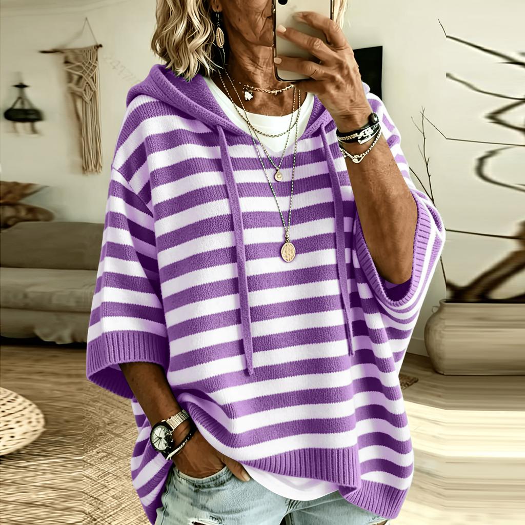 Women's Striped Hooded Knit Sweatshirt with Drawstring