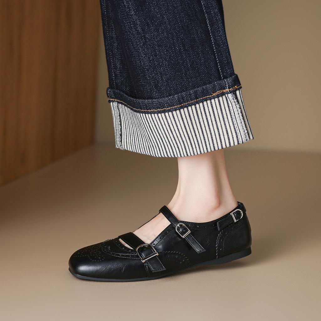 New Model586-12 Vintage Block Carved Artistic Mary Jane Shoes Women'S Buckle Flat Commuter Flats
