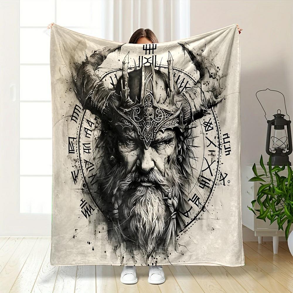 Viking Warrior with Nordic Runes Patterned Flannel Blanket Perfect for the Bedroom Living Room, Sofa, or a Little Nap