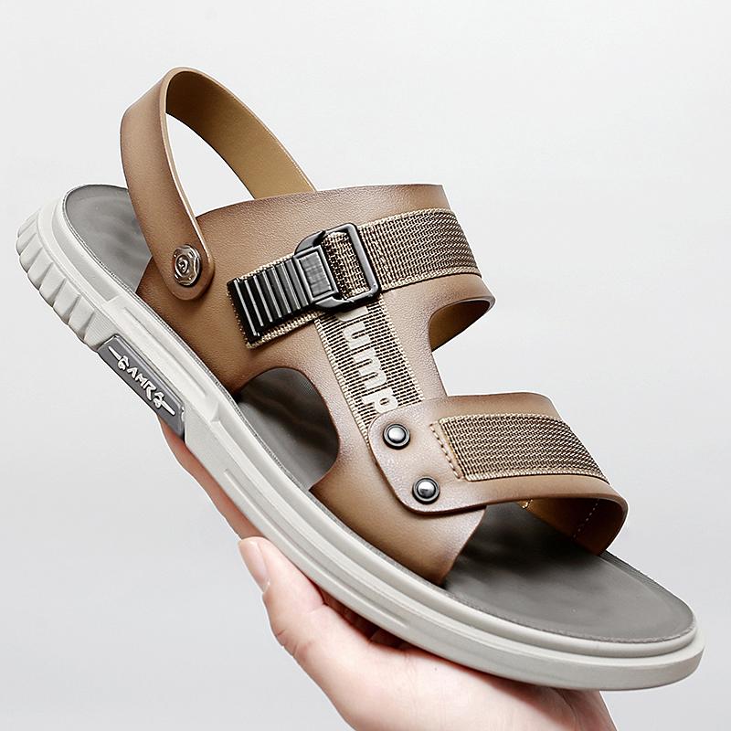 Men's Fashion Webbing Stitching Cowhide Outdoor Casual Beach Shoes Men Genuine Leather Beach Sandals Classics Trekking Footwear