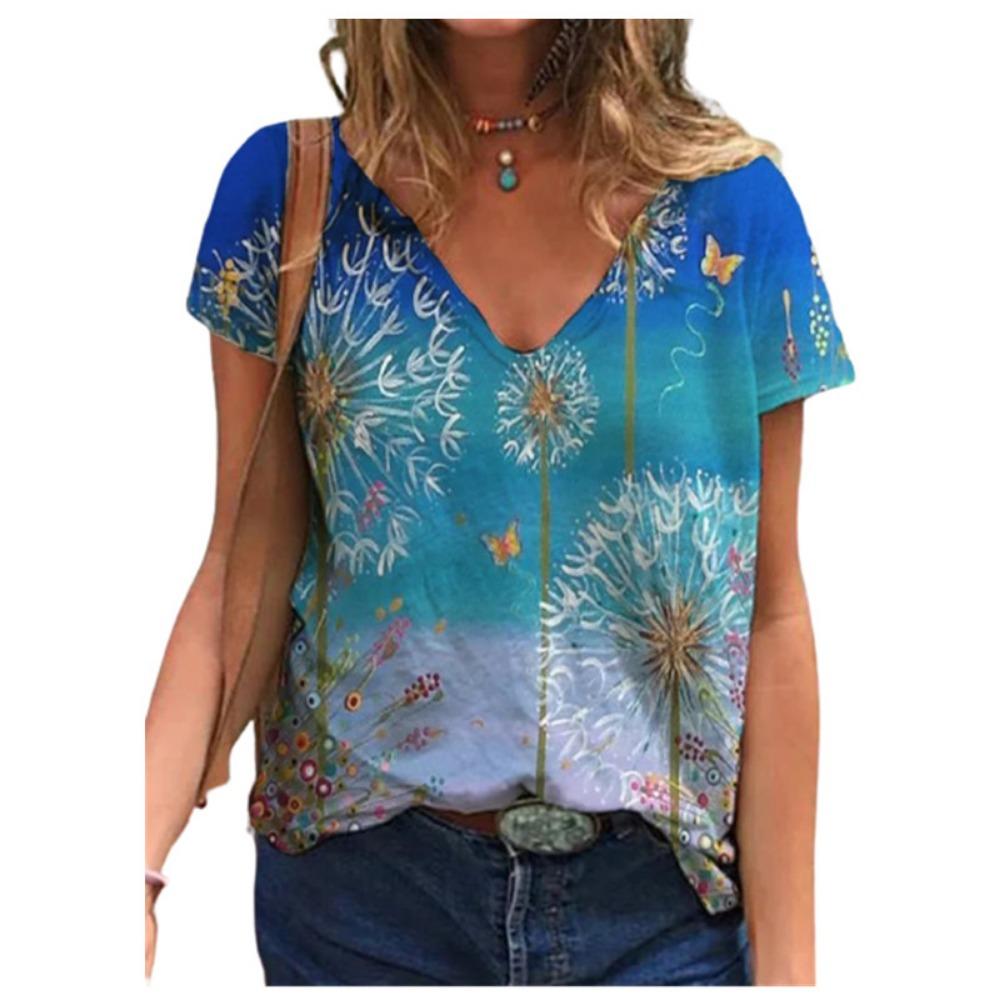 Women's Summer T-shirt Fashion 3d Plant Print Streetwear Women's Casual V-neck Short-sleeved Loose Top T-shirt 2025