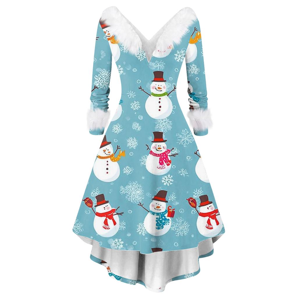 Women's Fashion Elegant Autun And Winter Long Sleeve V-Neck Christmas Print Dress